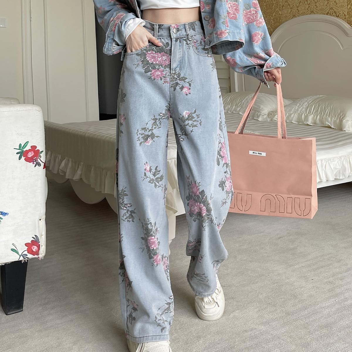 Casual Y2K Straight Leg High Waisted Jeans for Women Fashion Simplicity Cute Floral Printed Denim Pants - Image 4