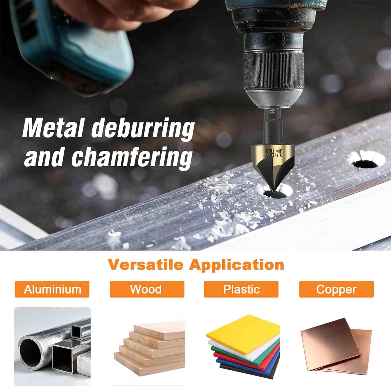 RoViar Countersink Drill Bit Set, 5-Piece HSS High Speed Steel Bits 1/4" 3/8" 1/2" 5/8" 3/4" Hex Shank for Wood Metal Deburring Chamfering, Gold Black Finish