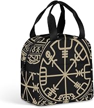 Black Celtic Viking Design Magical Runic Compass Vegvisir in The Circle of Norse Runes And Dragons Tattoo Decorative Handheld Aluminum Foil Insulated Meal Bag, Large Capacity And Portable