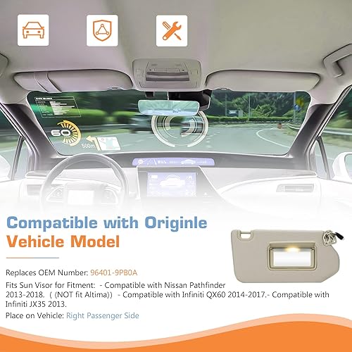 Miniatura 9 de Visera solar del lado izquierdo del conductor y del pasajero derecho con luz para 13, 14, 15, 16, 17, 18, Pathfinder04, 15, 16, 17, Infiniti QX6013