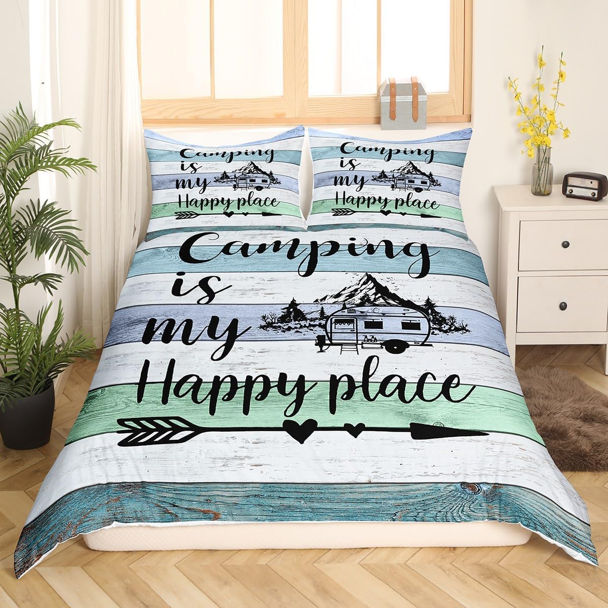 RV Camper Duvet Cover Queen,Camping Bedding Set Camping Decor,RV Travel Car Camping Comforter Cover for Men,Hand Drawn Wooden Planks Grunge Vintage Bed Sets Camping Accessories for Inside Green Blue