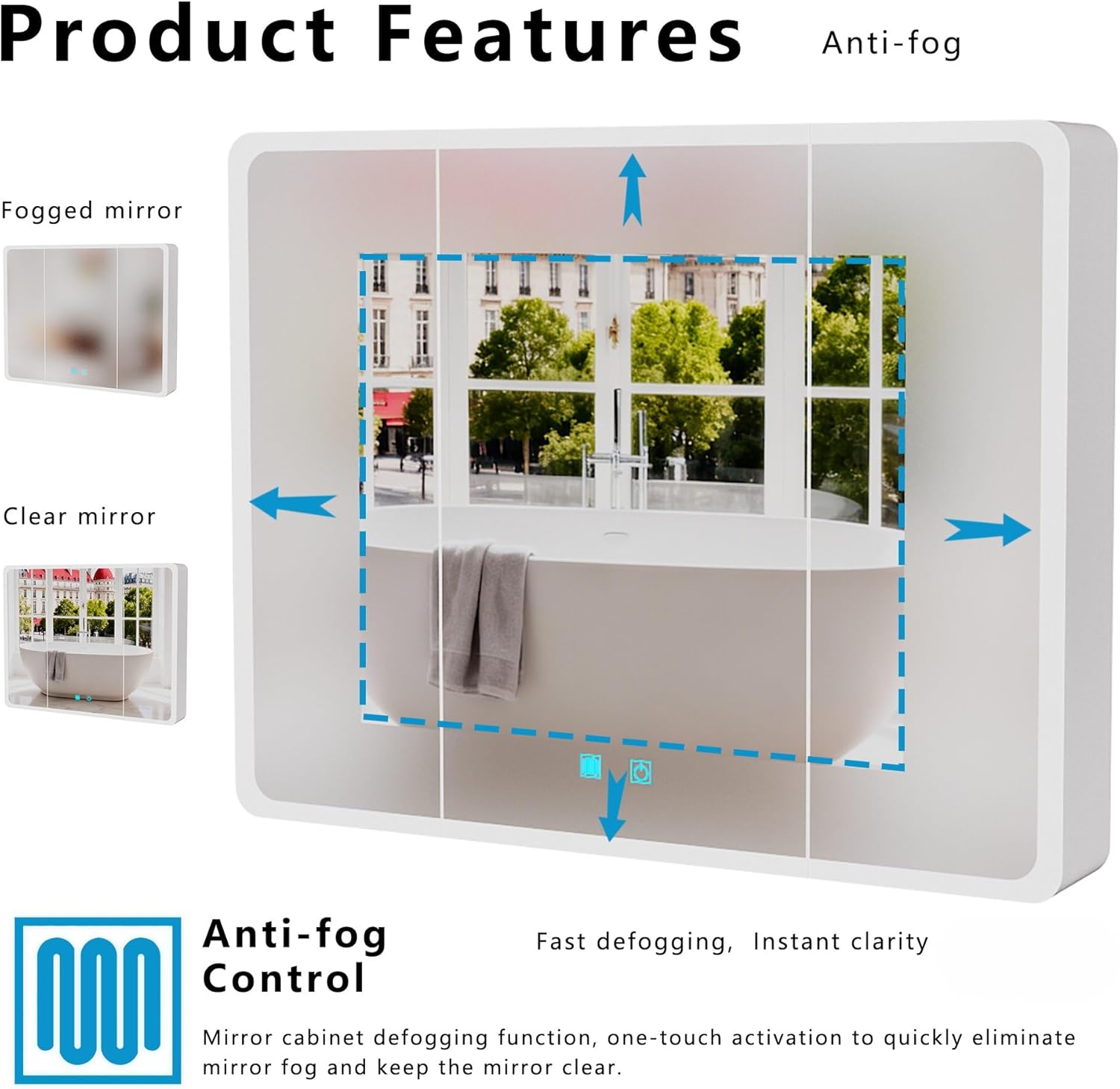 Modern LED Bathroom Medicine Cabinet, 35.43 x 27.56 Inch White Mirror, Anti-Fog, Touch Control, Wall Mount Storage with LED Lighting for Bathroom