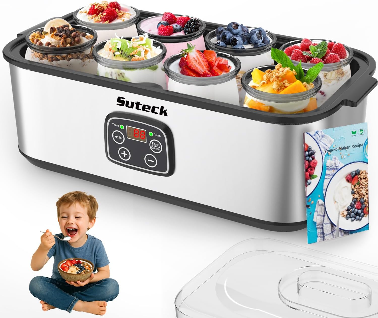 Suteck Yogurt Maker - Stainless Steel Yogurt Makers with Adjustable Time & Temp Control，Automatic Shut-Off & Constant Temper for Homemade Greek, Probiotic Yogurt, BPA-Free 8 Glass Jars (48 oz), Black