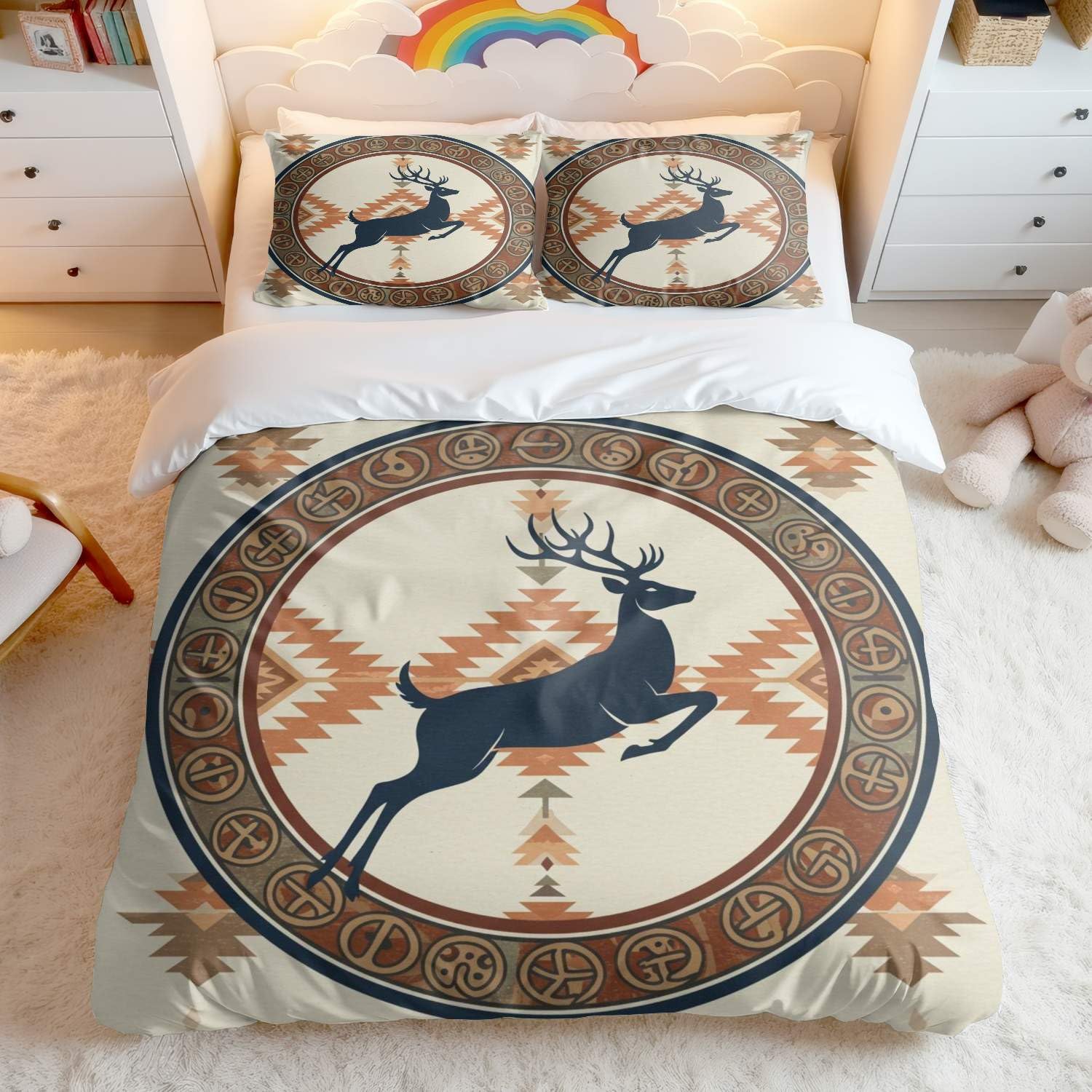 Housse de couette cerf celtique, parure de lit motif géométrique tribal noir et couleurs riches