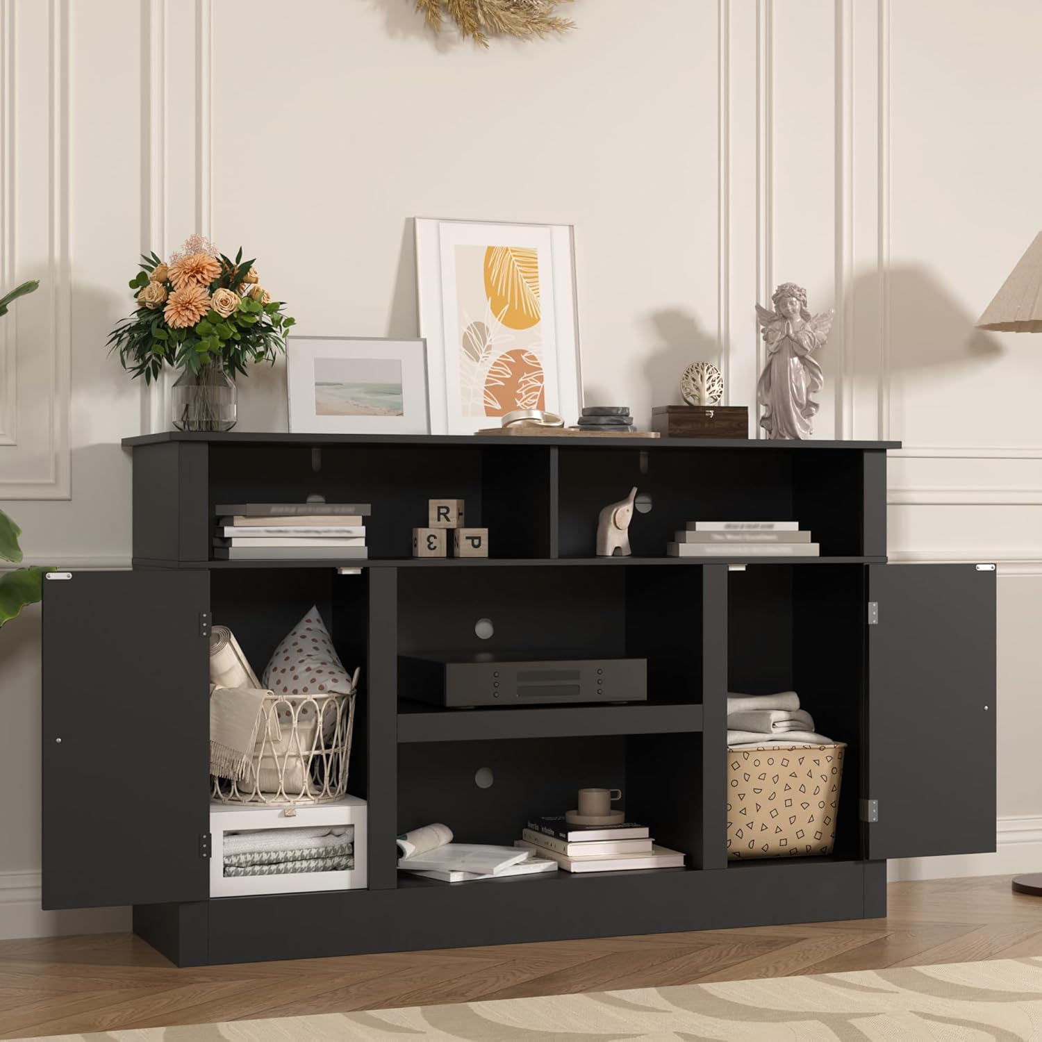 Farmhouse TV Stand for 65 inch TV, Modern Entertainment Center for 55/60/65 inch TV, with 2 Doors and Storage Cabinets, Console Table and Media Furniture for Living Room, 55 Inch, Black