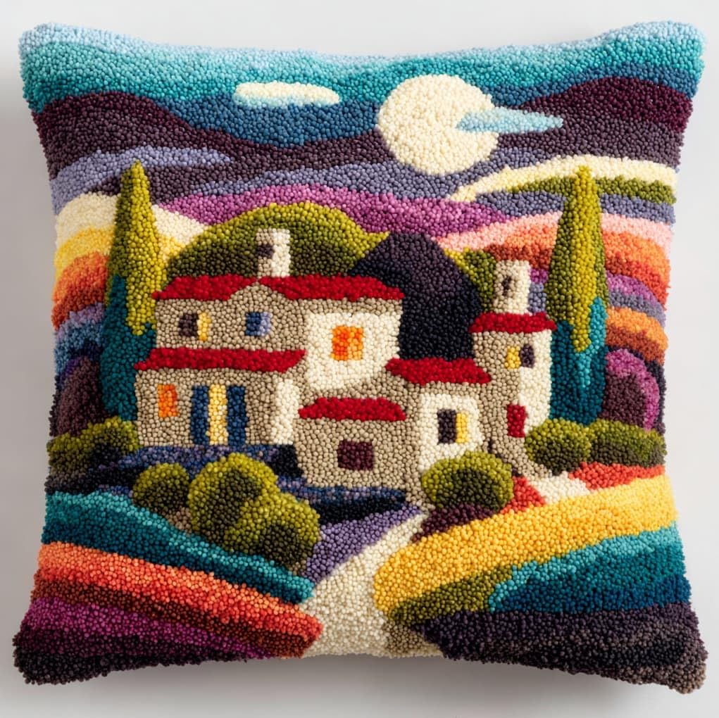 Wallustrioaw Cartoon Village Latch Hook Cushion Kits For Adults,