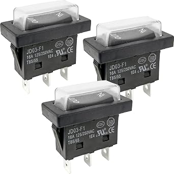 3-Pack JD03-F1 Rocker Switch - 16A 125/250VAC 3-Position SPDT Switch with Waterproof Cover - Compatible with KCD4-3NC & Select DeWalt/Makita Tools - Marine & Industrial Grade