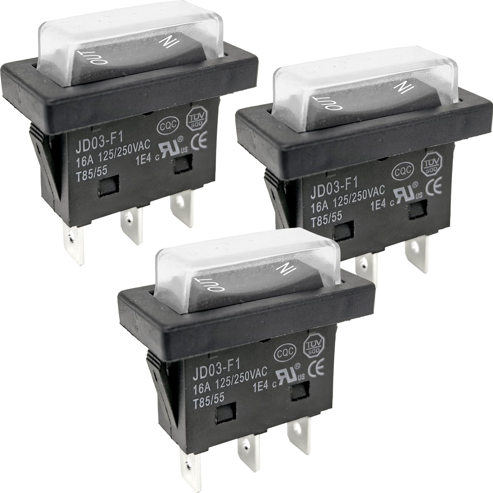 3-Pack JD03-F1 Rocker Switch - 16A 125/250VAC 3-Position SPDT Switch with Waterproof Cover - Compatible with KCD4-3NC & Select DeWalt/Makita Tools -