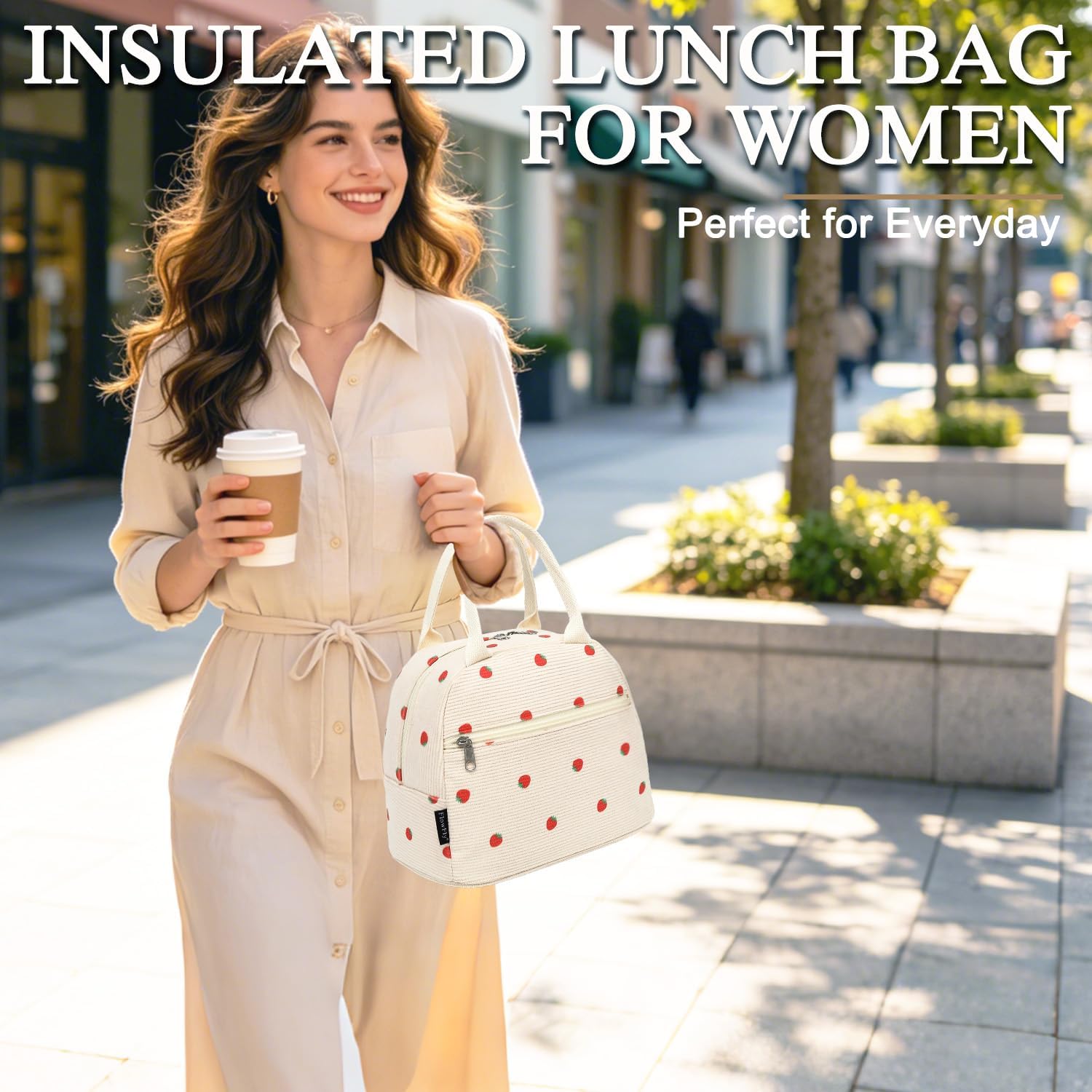 FlowFly Insulated Lunch Bag for Women – Corduroy Lunch Tote Box, Cute Cooler Bag for Work, Travel, Picnic, Corduroy Strawberries Beige image 2