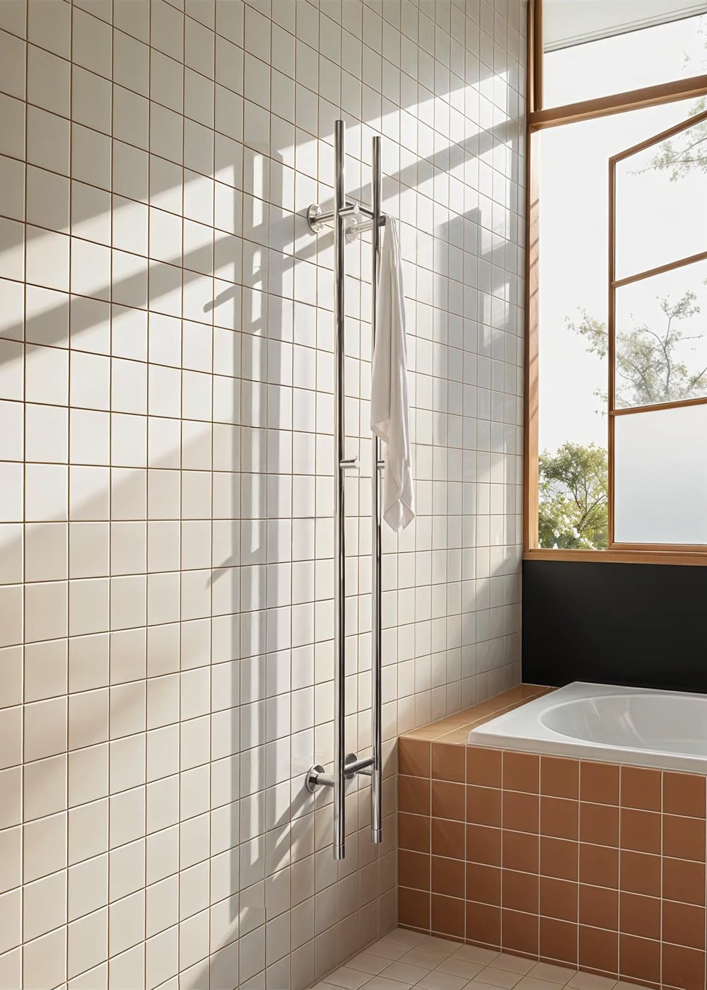 CREATE/Warm Towel Tube/Sèche-Serviettes électrique 2 Barres Acier Inoxydable/Design Vertical, 150x13 cm, 2 réglages de température, minuterie, Acier Inoxydable, 120W