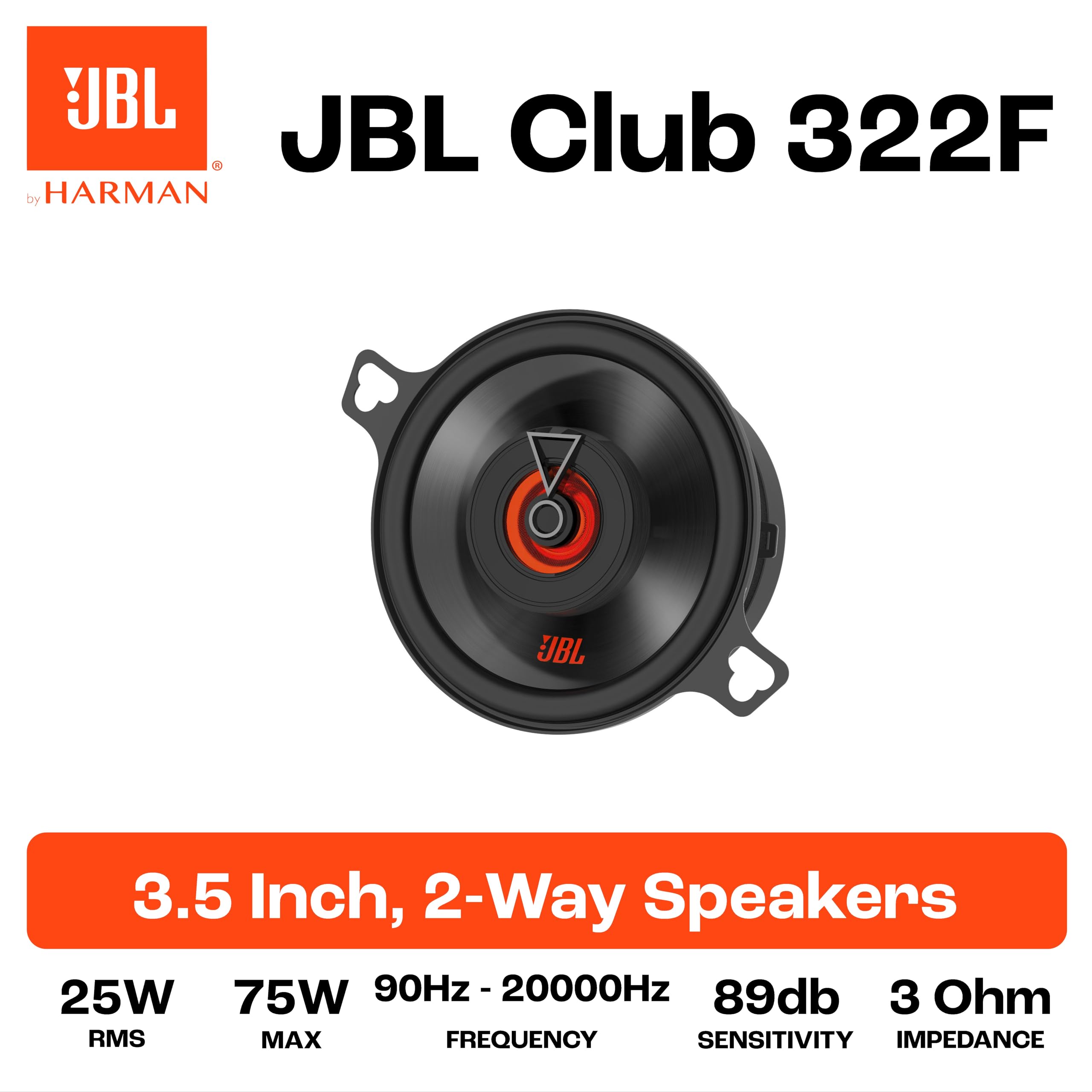 JBL Club 322F Ensemble enceinte voiture à 2 voies de Harman Kardon - 75 Watt Pro Sound Haut Parleur Voiture 87mm | 9cm