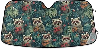 Car Windshield Sun Shade Cute Raccoons Guitars Reflective Sunshade for Ultimate Protection Fits Small Sedans, Mini SUVs, Hatchbacks