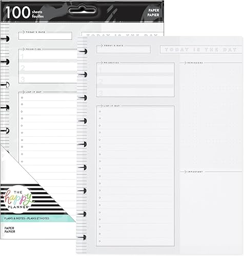 Happy Planner - Papel de repuesto para planificador, 100 hojas de papel rayado y tablero para diario, tamaño clásico, 7 x 9.75 pulgadas