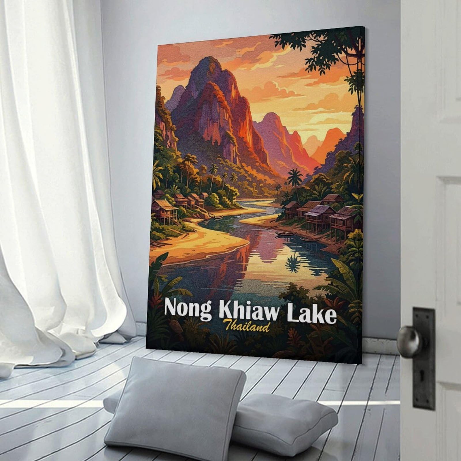 Junmoney Nong Khiaw Lake, Thailand Landscape Art Wall Art Print, 12x18inch(30x45cm), for Study, Office Or Focused Interiors, Home Office Artwork with Decorative Appeal