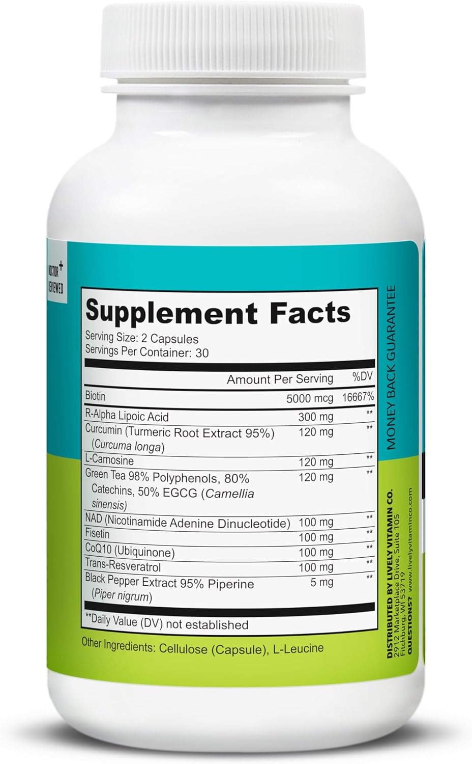 LIVELY VITAMIN CO. Perfect Ten - Anti-Aging & Antioxidant Supplement - Biotin & Lipoic Acid - Healthy Hair, Skin, Nails - Energy Boost - Sharper Brain Function - Stronger Immunity - 60 Capsules