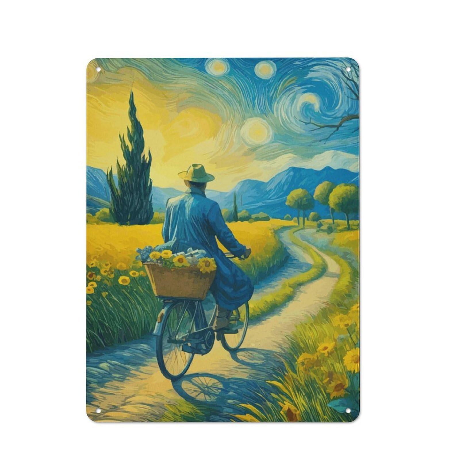 Junmoney Starry Night Cyclist Metal Sign 40X30cm With For Pub Or Café, Retro Decor, For Cooler-Month Interiors With Retro Character