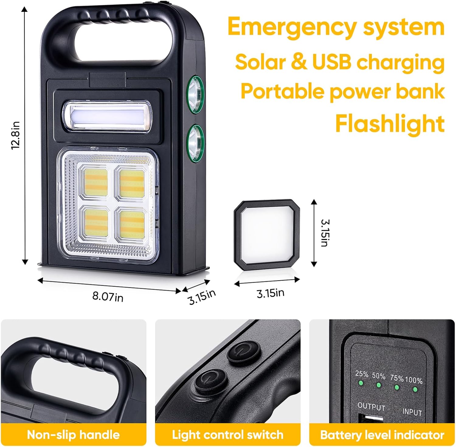 Solar Flashlight with USB Cable，6 Modes Solar LED Camping Light Rechargeable，8000LM Super Bright Emergency Light，IP67 Waterproof, Handheld Spotlight，Multifunctional LED Searchlight for Emergency