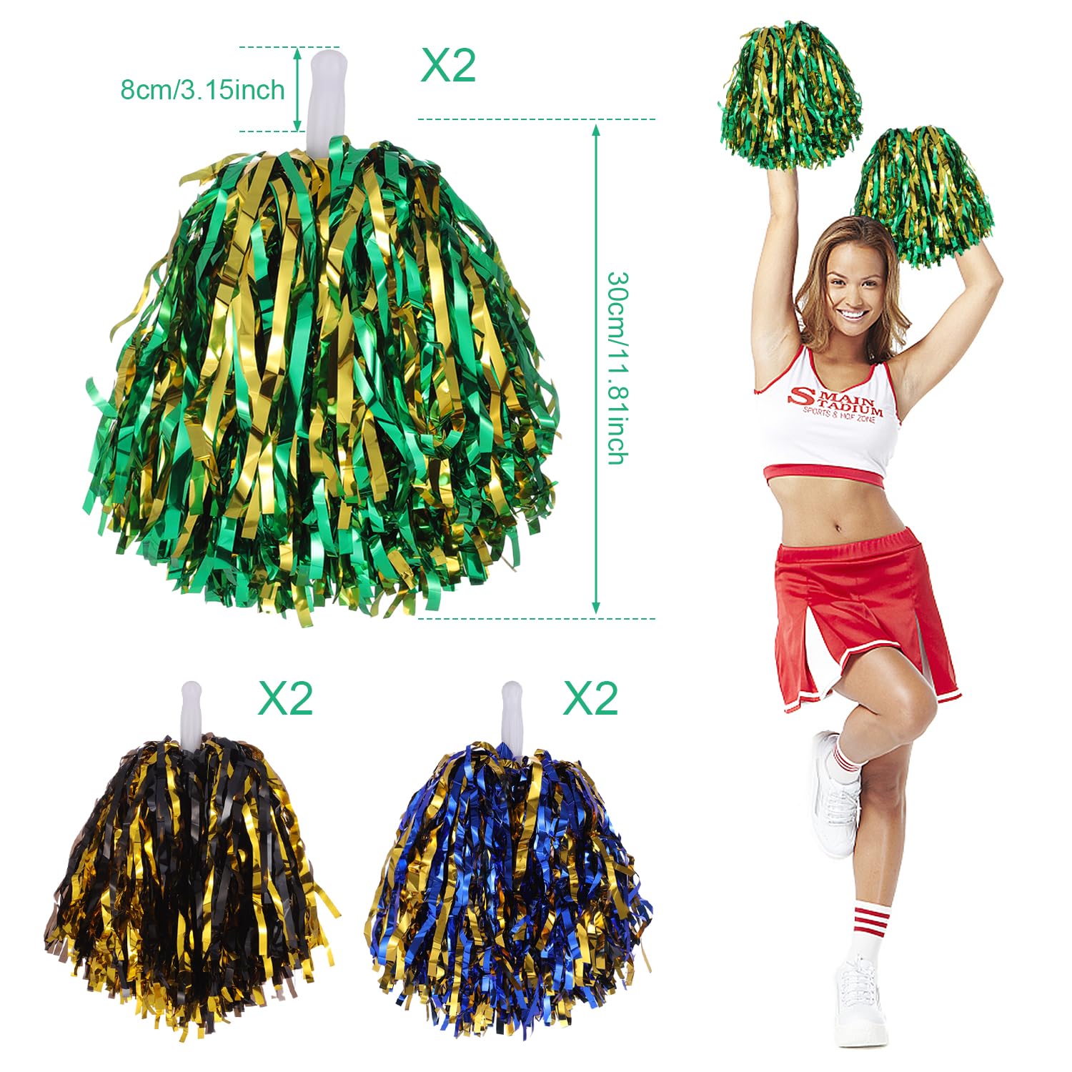 6 Piezas Pompones Animadora Pompones de Colores para Animadoras Pompones Animadora Niña Pompon Animadora con Asa para Eventos Deportivos Juegos Escolares Baile y Raves(Oro Verde Oro Negro Oro Azul) — view 7