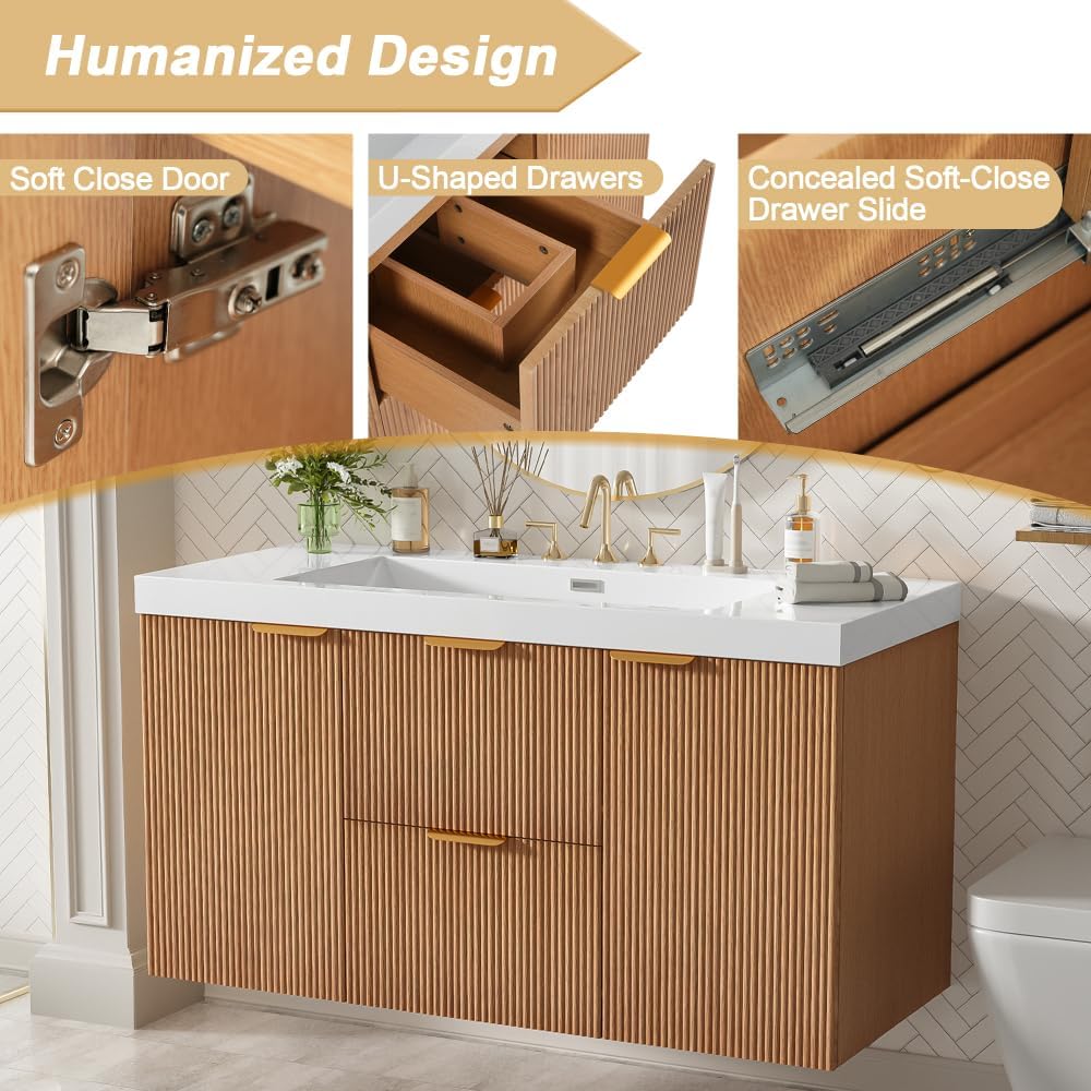 42 Inch Floating Bathroom Vanity with Thick SMC Countertop Single Sink, Wall Mounted Bathroom Vanities Wood Grain Vanity for Bathrooms with 2 Soft-Close Doors 2 Fluted Drawers, Easy Assembly (Wood)