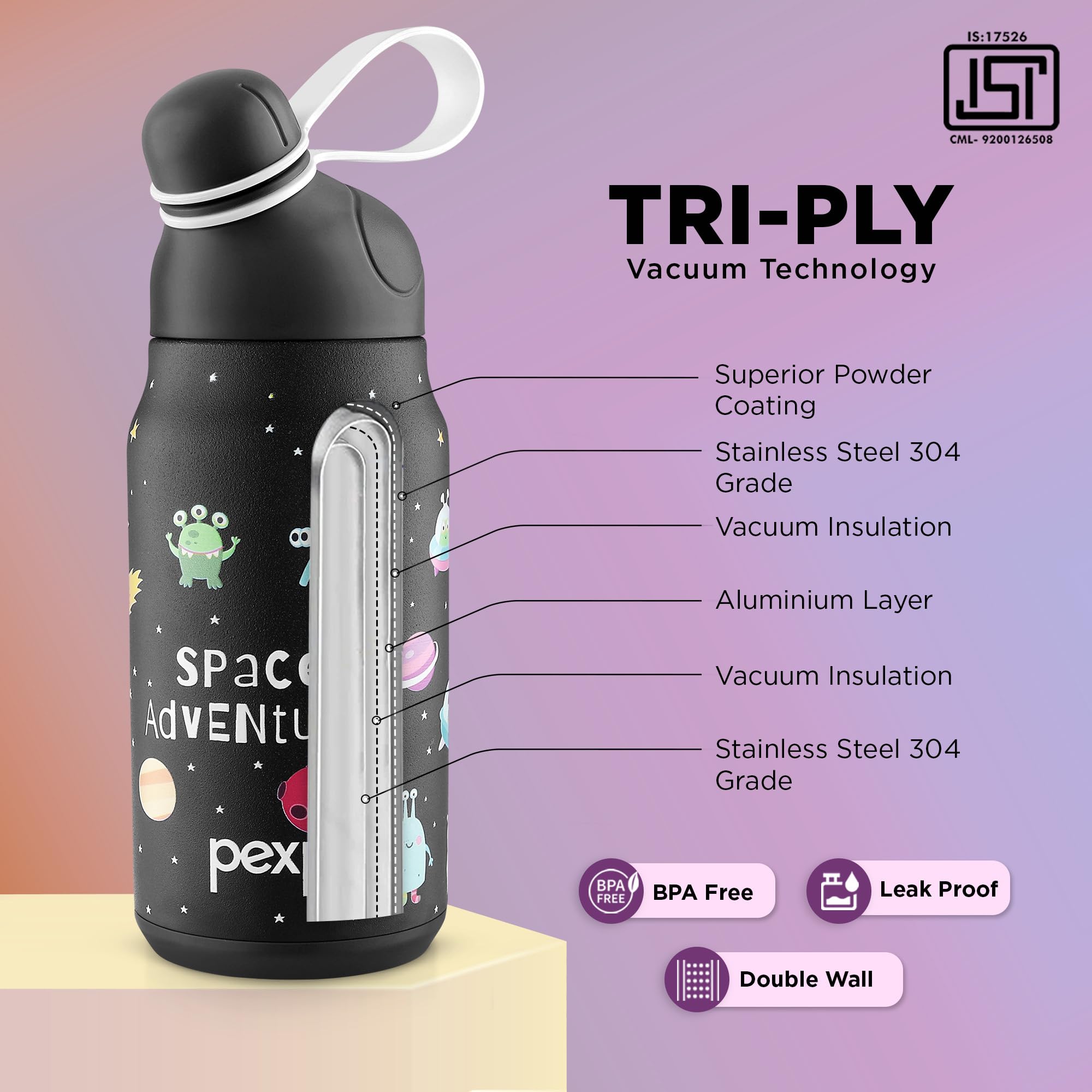 Go24 pexpo Piano 450 ISI Certified Stainless Steel Water Bottle for School Kids - 420ml | 6+ Years Age |Hot & Cold | with Sipper Cap |Double Wall | for Picnic, Outing - Black Space Printed