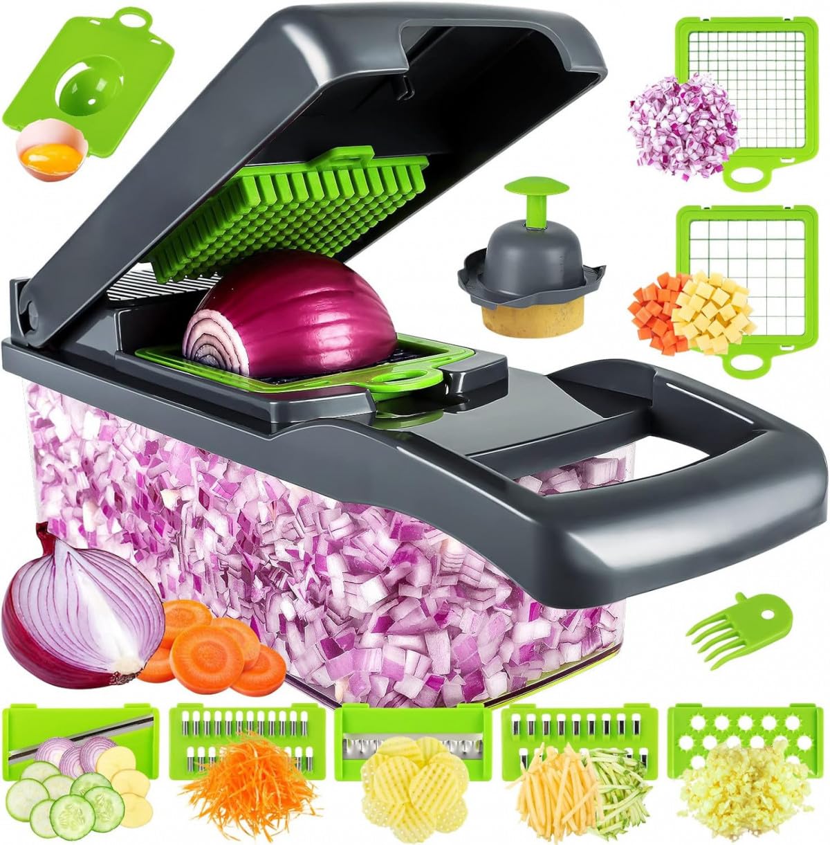 BloomCart 16-in-1 Multifunction Vegetable Chopper Slicer Dicer, Mandoline Cutter with Container, Stainless Steel Blades, Onion Food Grater & Shredder for Kitchen Prep (Grey/Green)-picture-12