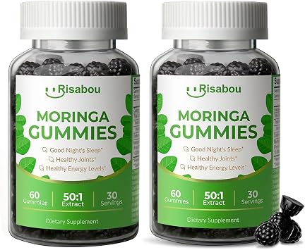 2 Bottles Moringa Gummies Moringa Oleifera Leaf 50 1 Extract Natural Energy & Balance, Antioxidant, Immune & Cellular Vitality Support, Gut Health, Strawberries Gummies for Women & Men