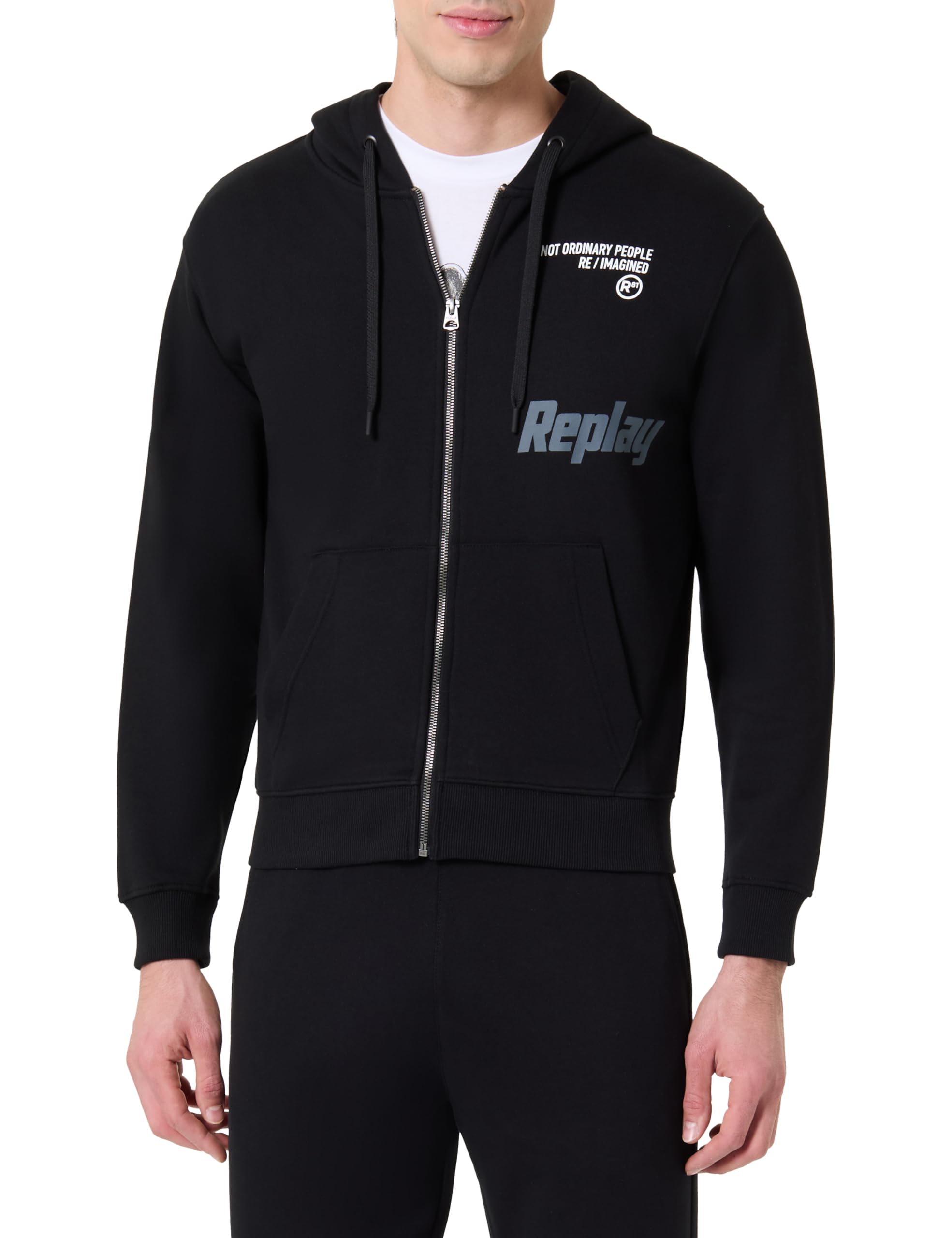 Replay Men's Zip Hoodie with Bum Pocket, Black 098 (Black), M