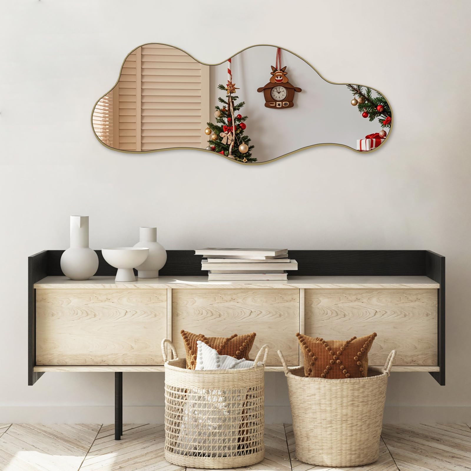 POZINO Irregular Wall Mirror, Asymmetrical Mirrors, 39.3"x16" Cloud Shaped Mirror, Gold Modern Mirrors for Bathroom Living Room Bedroom Entryway