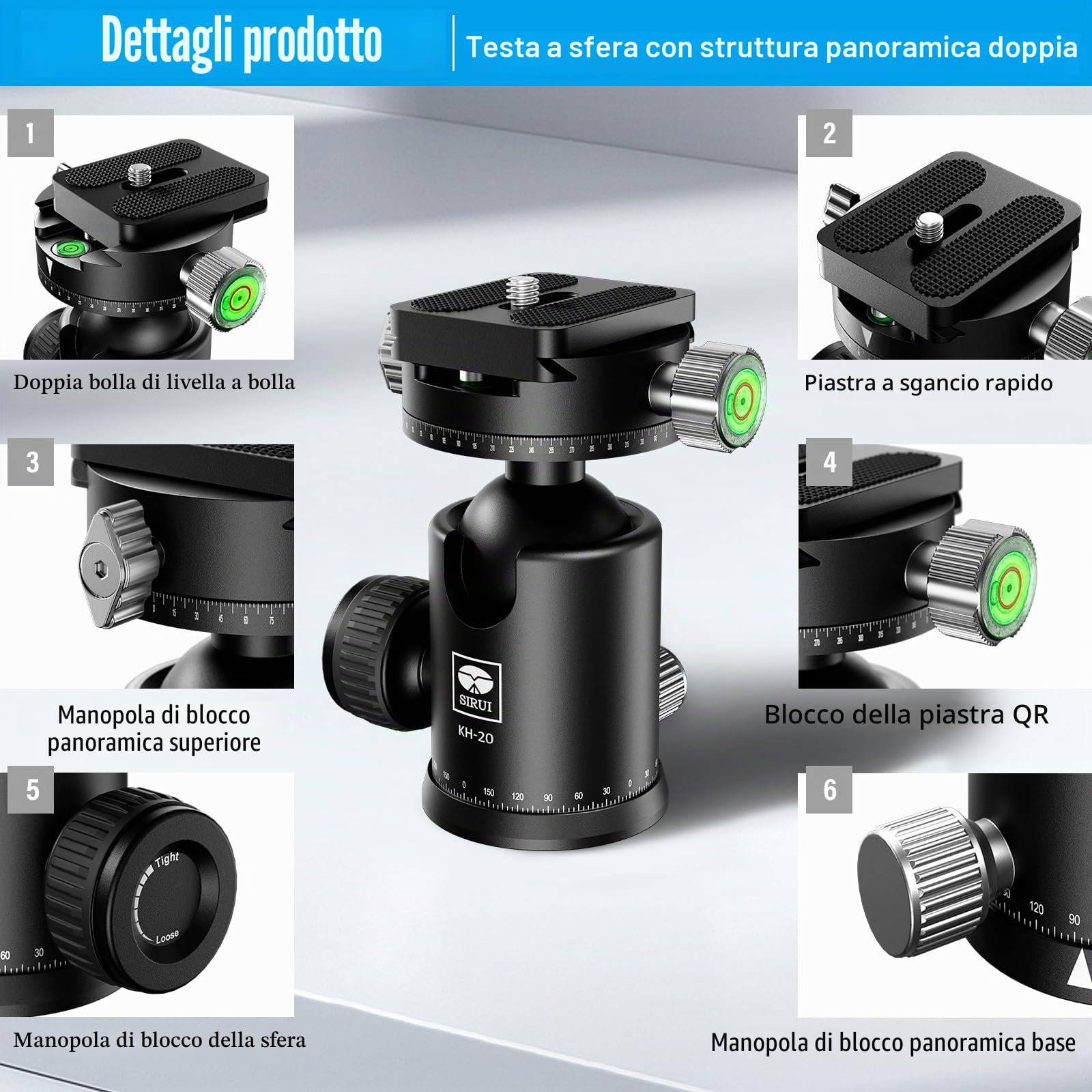 SIRUI Testa a Sfera per Treppiede per Fotocamera, Doppia Testa Panoramica a 360° con Sfera in Metallo da 36mm e Piastra a Sgancio Rapido da 1/4" per Videocamera, Monopiede, Carico Massimo 20kg, KH-20