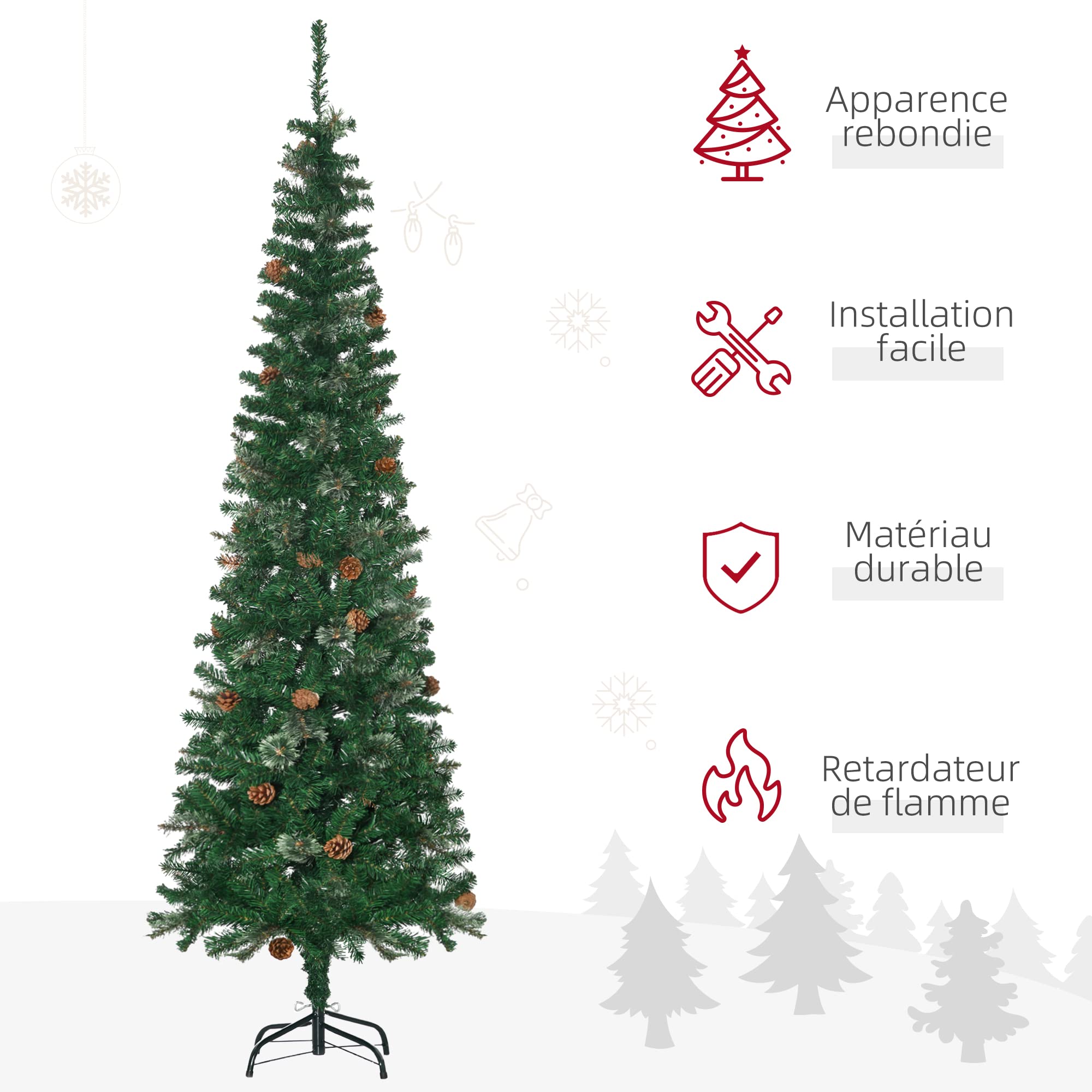 HOMCOM Sapin Arbre De Noël Artificiel 195 cm 556 Branches Vert | 27 Pommes De Pin, Support Pied Pliable