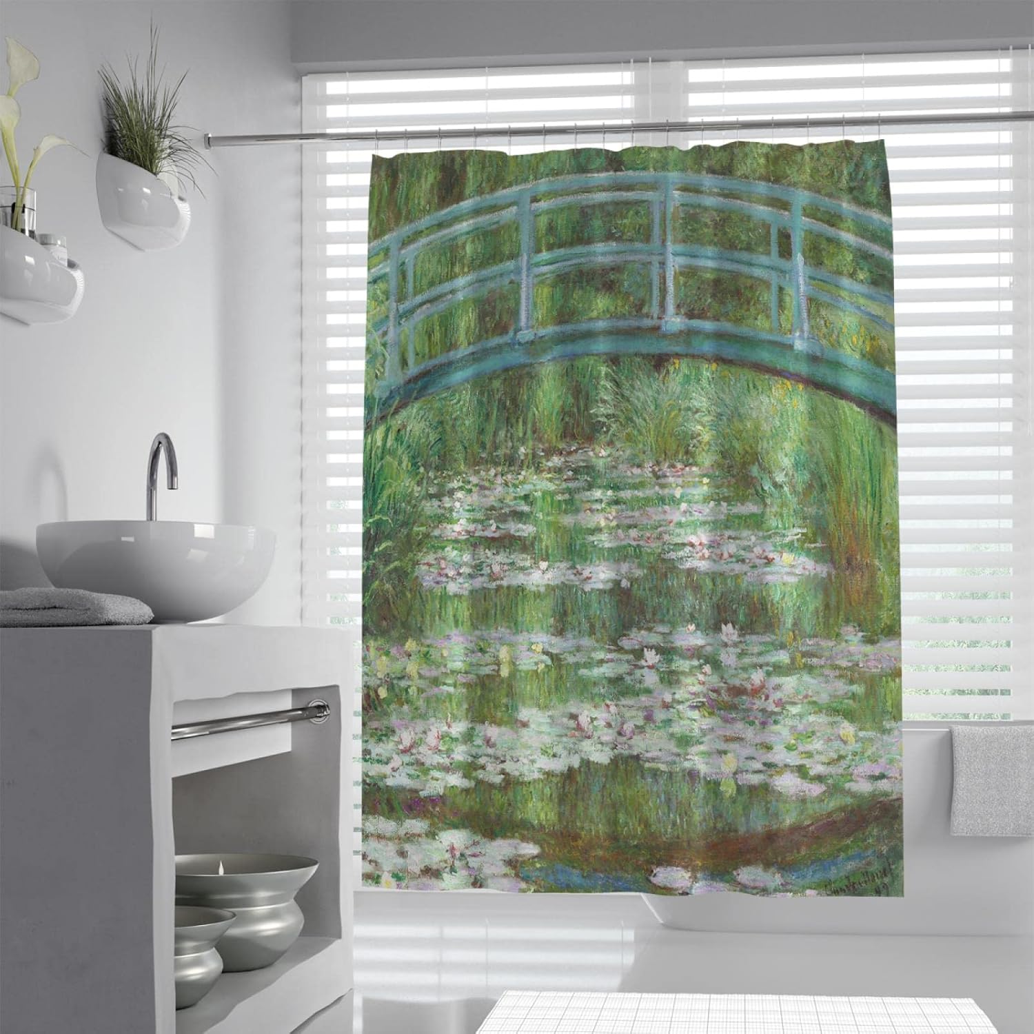 Countryside Shower Curtain Liner Claude Monet Bathtub Curtain for Bathroom Green Landscape Bridge Secenery Shower Curtain with Hooks W60 x L79(in)