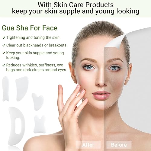 Miniatura 6 de Treela Juego de 5 herramientas faciales Gua Sha y 1 herramienta de masaje corporal Gua Sha con mango para cara, espalda, cuello, piernas, raspado