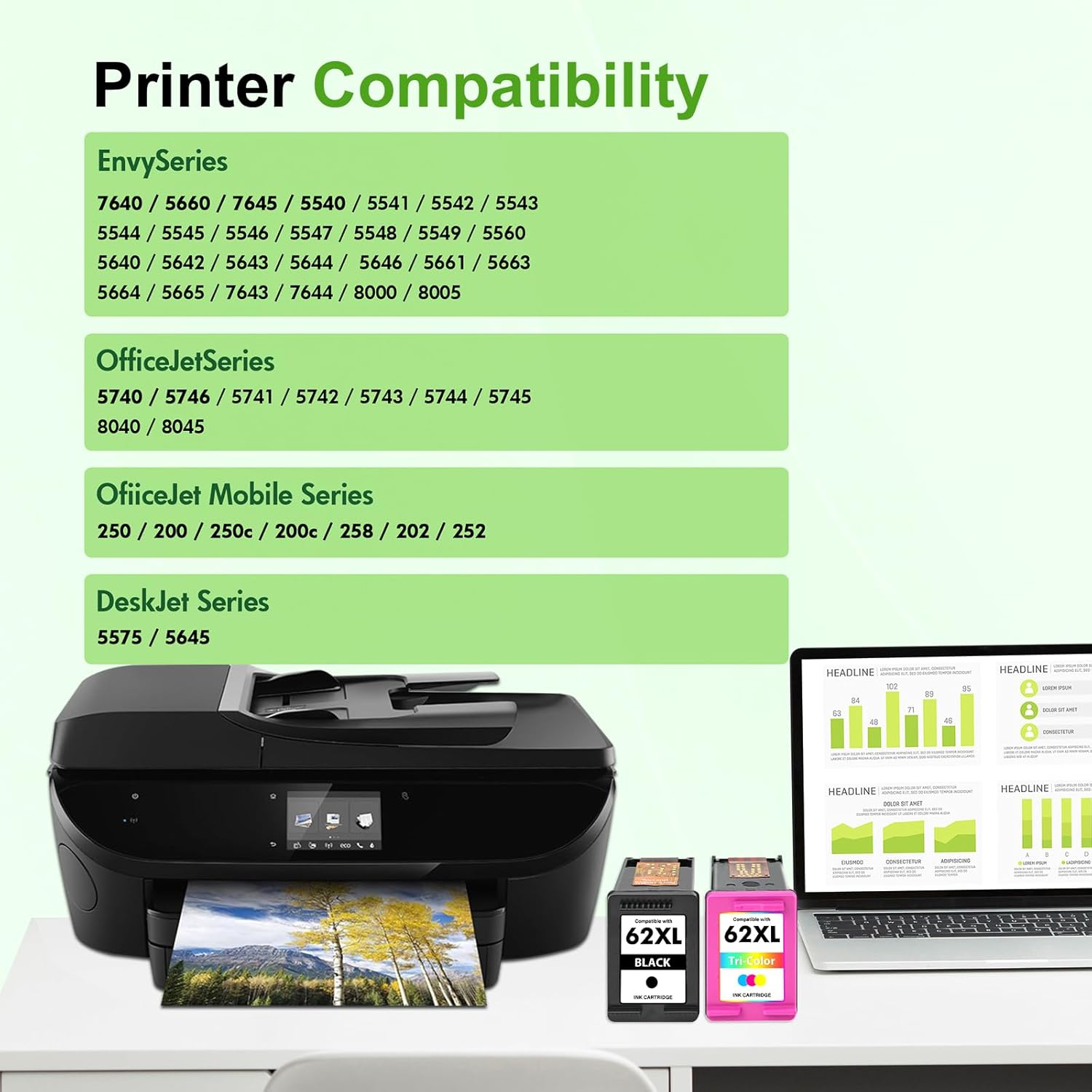 62XL 62 Envy 7640 Ink Cartridges Black and Color Combo Pack Replacement for HP 62 XL Ink Compatible with Envy 5660 5740 7645 5540 5746 OfficeJet 250 200 Printer(2-Pack,1 Black 1 Tri-Color)