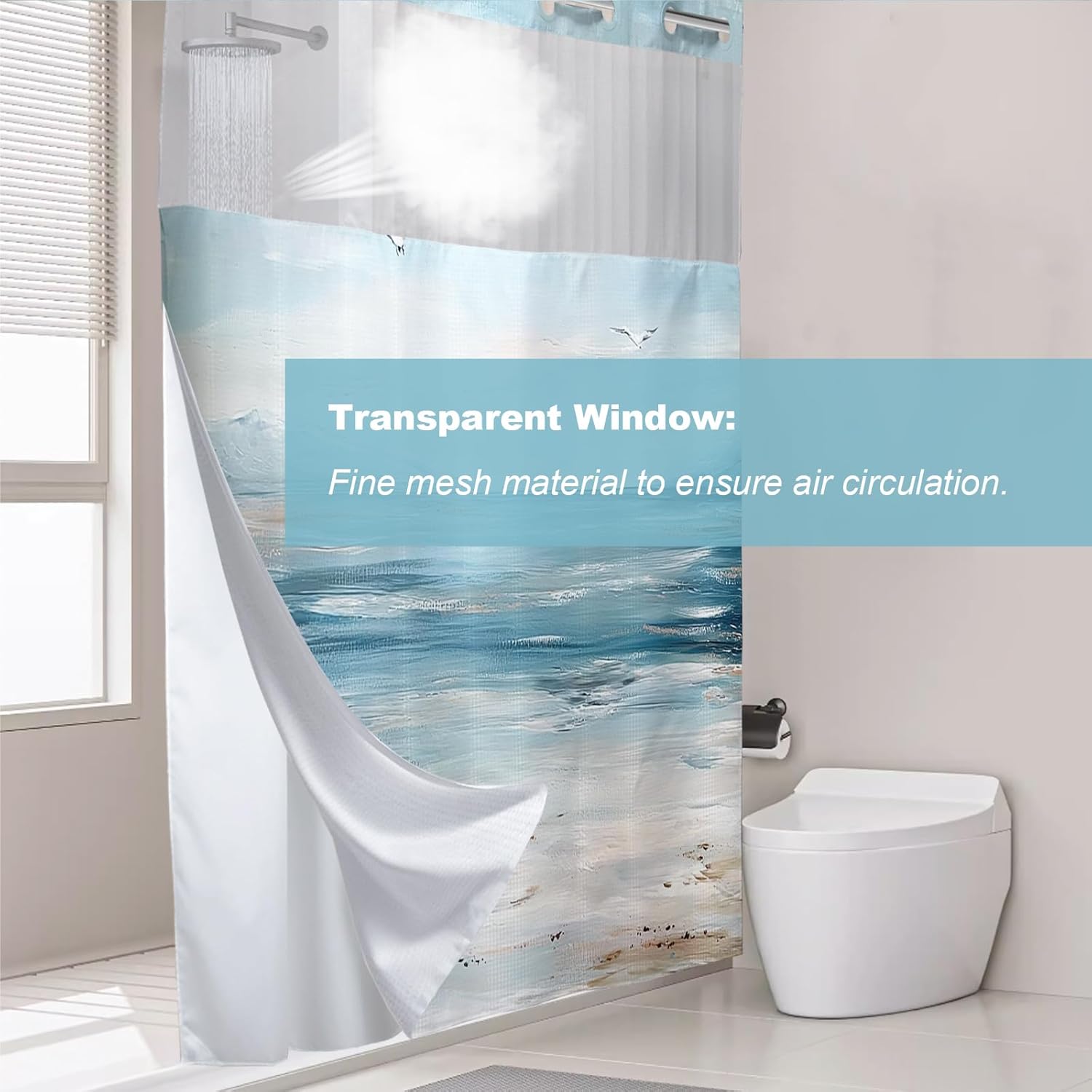 Nature Ocean Shower Curtain for Bathroom, Waterproof Waffle Nautical Seagull Shower Curtain with Snap in Fabric Liner Set, Heavy Duty Bath Curtains Hotel Spa Luxury Polyester 72Wx74H No Hook