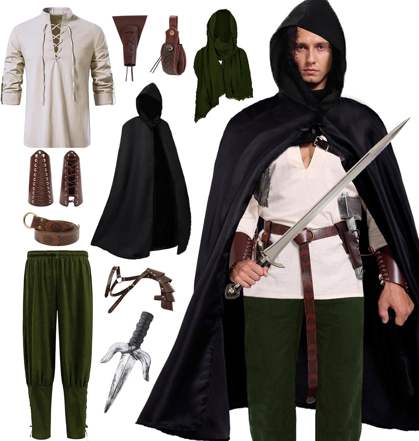 Akokvlar 10 Pcs Men Renaissance Costume Medieval Pirate Shirt Ankle Banded Pants Viking Outfit Set