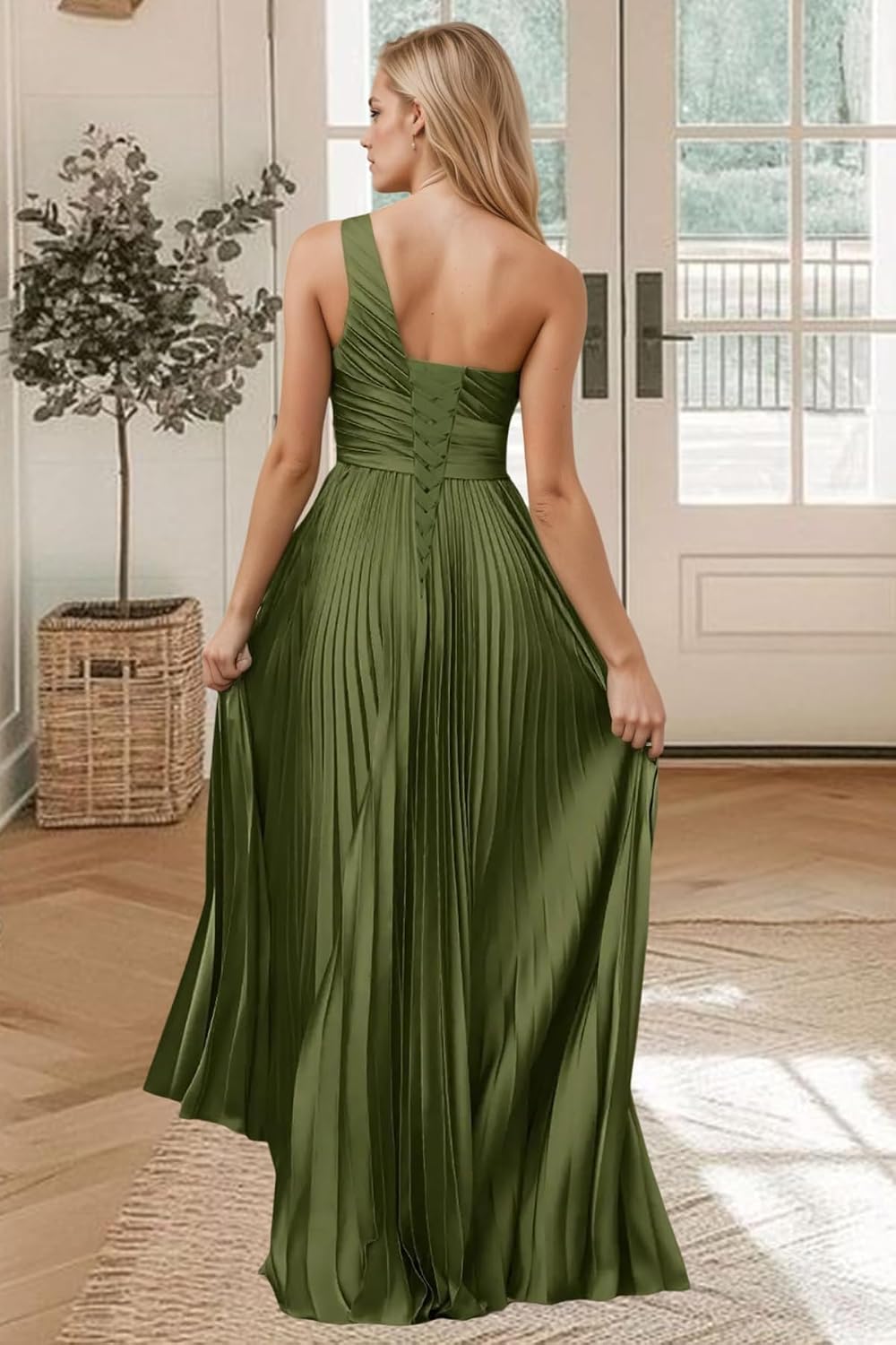 One Shoulder Bridesmaid Dresses with Slit Pleated Satin Hi-Low Prom Dress Long Formal Evening Gown for Women