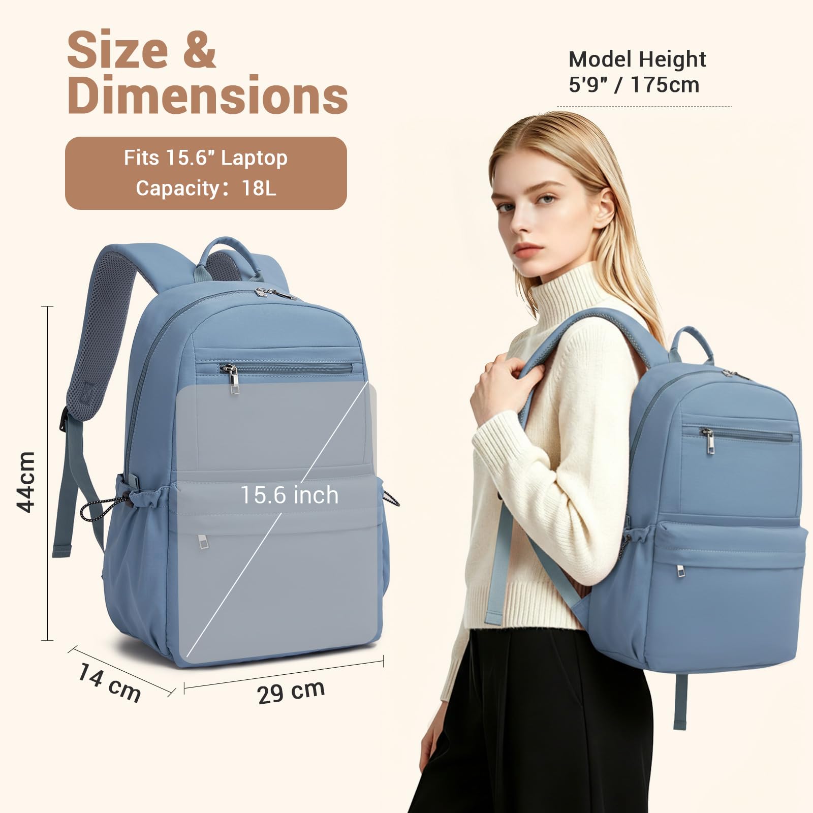 Kono Mochila Escolar Adolescente Mujer Hombre, Mochilas Instituto Ligera Impermeable 15.6 Pulgadas Portátil, Mochila Casual Viaje Trabajo Colegio Universidad (Azul)