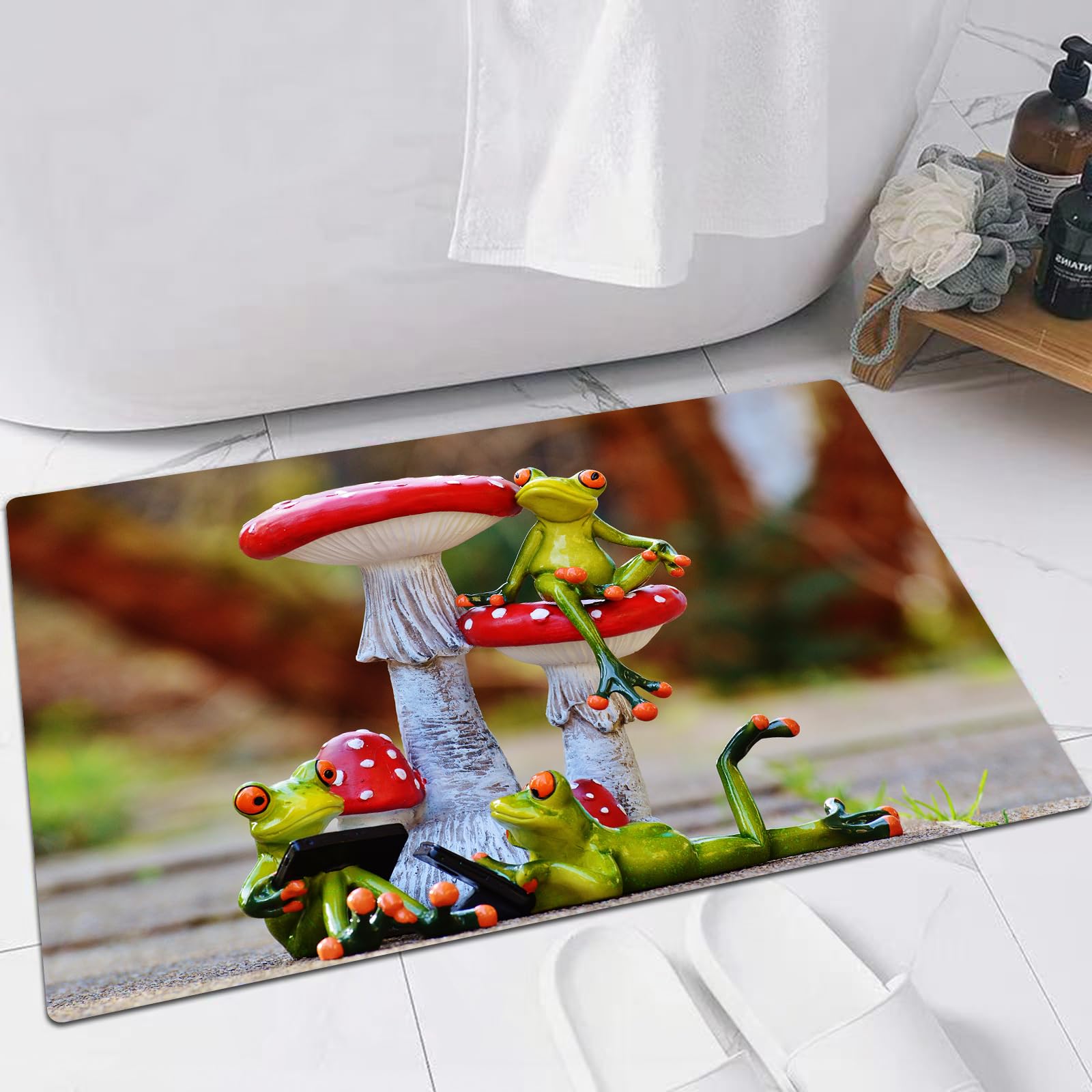 EMFSLA Bath Mat 16x24 in,Porcelain frog cartoon funny frog mushroom (2),Non-Slip Bathroom Mat Machine-Washable,Ultra Soft and Water Absorbent Bath Rug for Bathroom