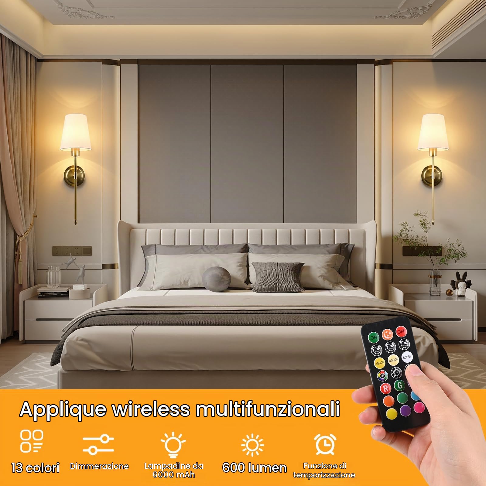 2 Pezzi Applique da Parete Interno,6000 mAH Applique Senza Fili,Lampada da Parete a batteria Ricaricabile USB,Lampada da Muro Dimmerabile con Telecomando per Camera da Letto Soggiorno Corridoio (Oro)