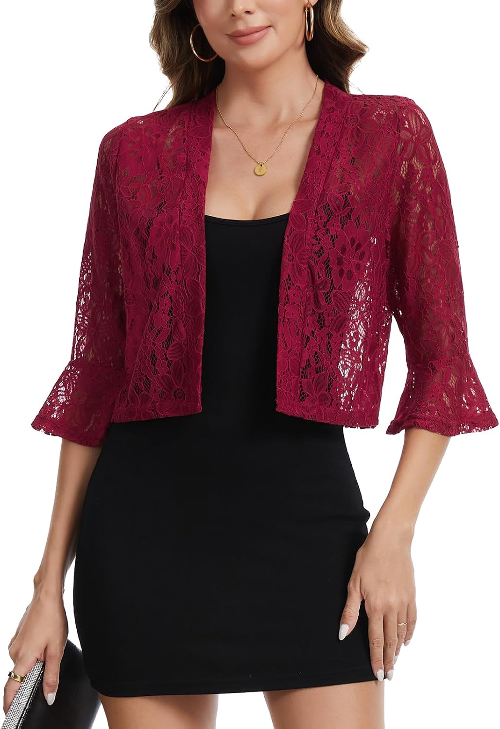 Women's Open Front Lace Cardigan Casual 3/4 Sleeve Bolero Shrugs