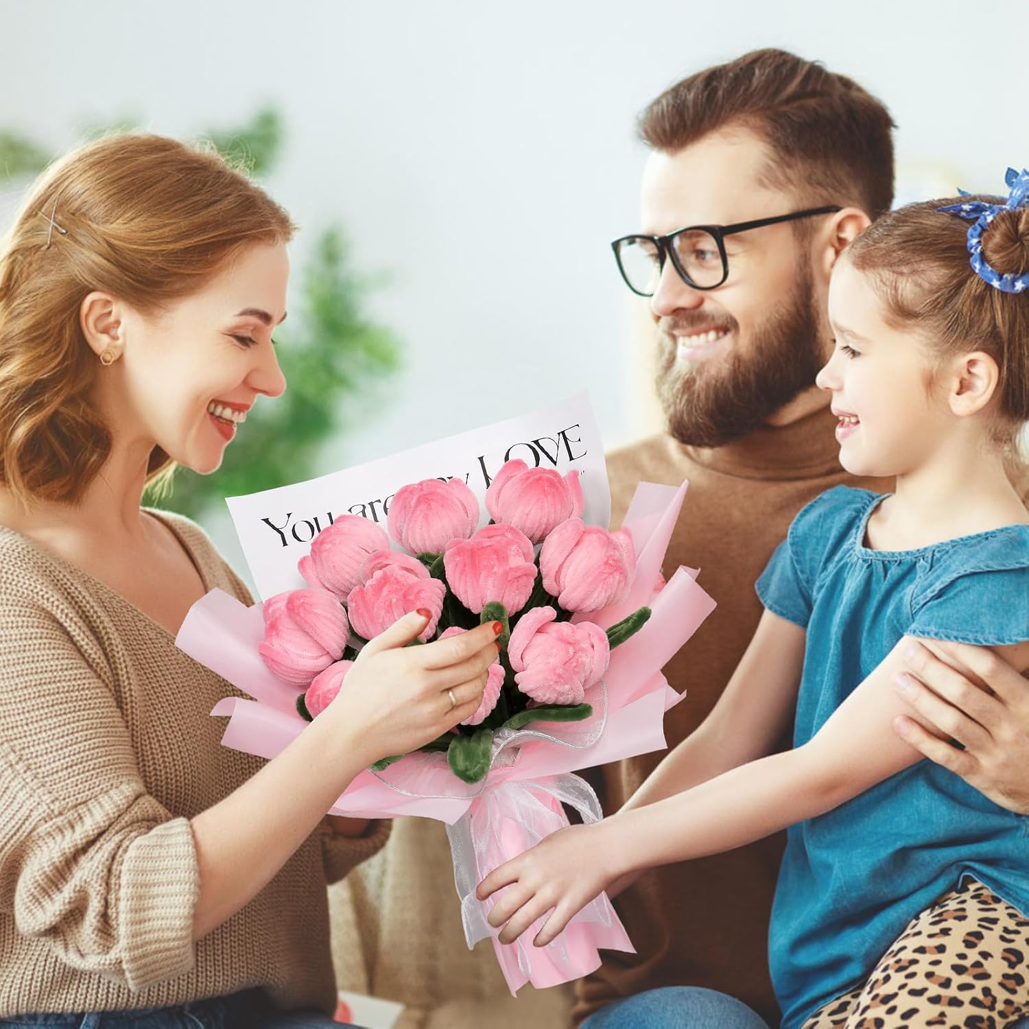 Crochet Flower Bouquet Completed Pipe Cleaners Tulip Flowers Bouquet Pipe Cleaners Craft Gifts for Women Mother Wife Valentines Birthday Wedding Home Decor