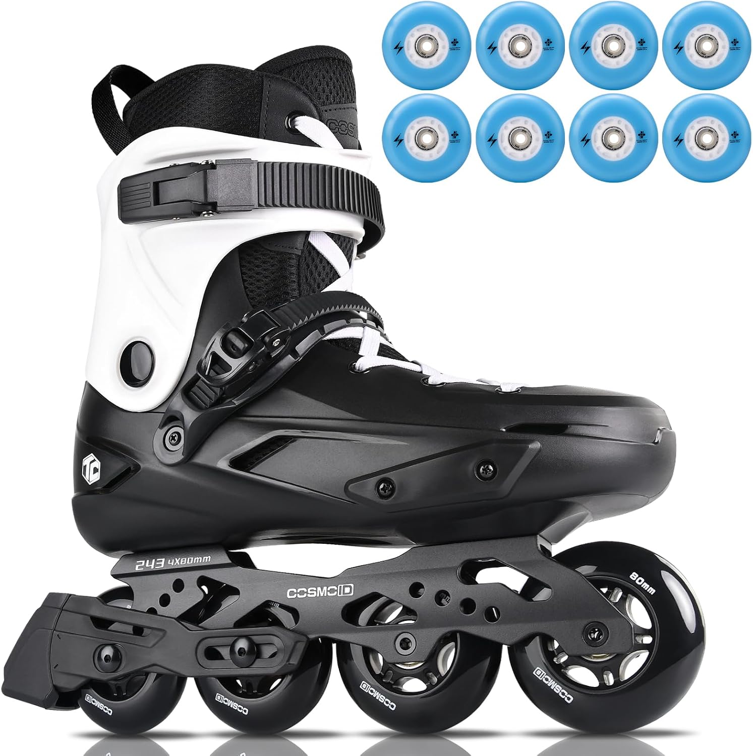 Professional Inline Skates for Adults & Teens Bundle – COSMOID TC Roller Blades with 80mm Blue Light-Up Wheels 4-Pack, Indoor Outdoor Fitness Skating Set