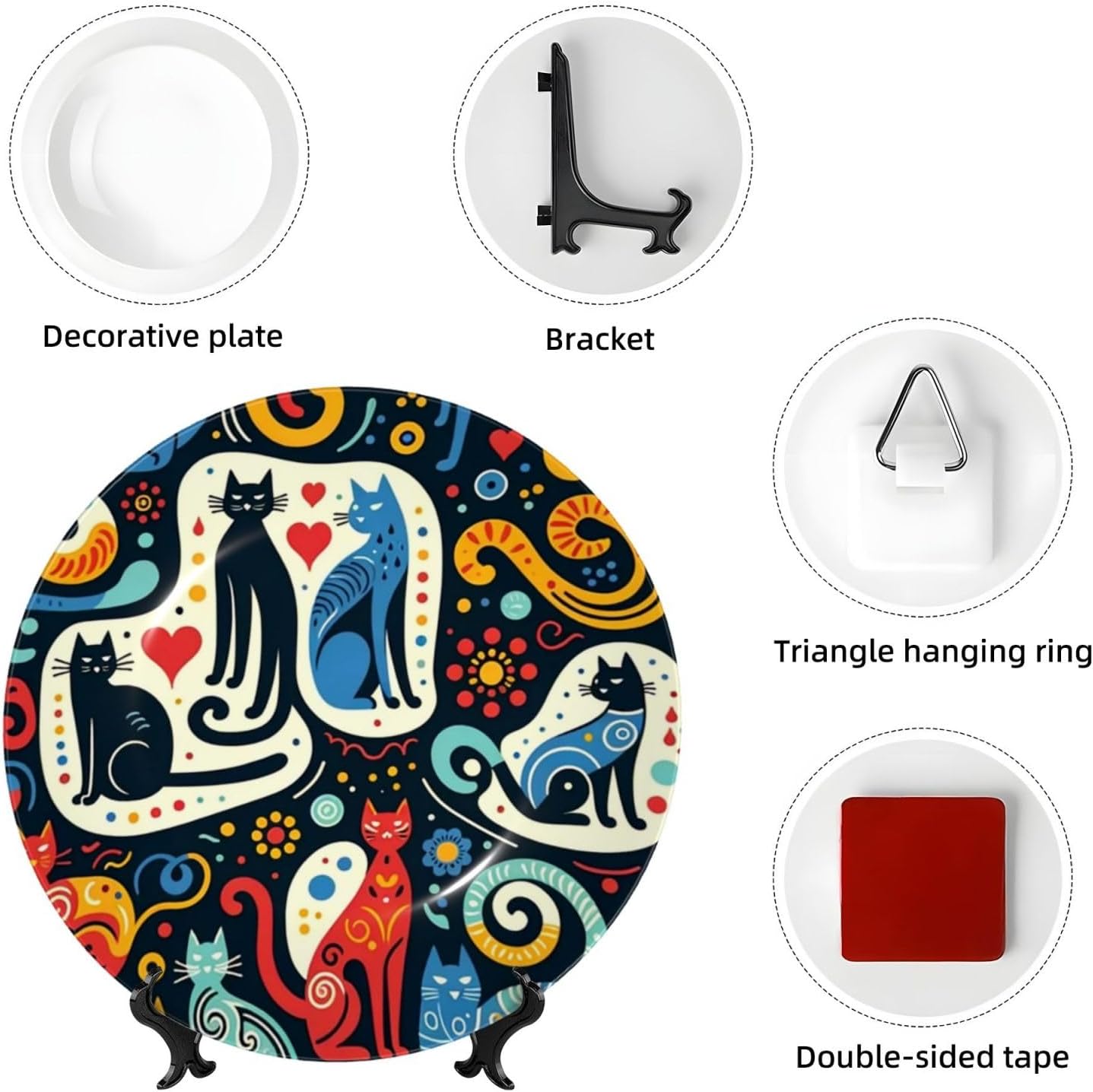Abstract-Colorful-Cats 10 Inch Decorative Plate With Stand, Elegant Display Wall Plate For Home Decor