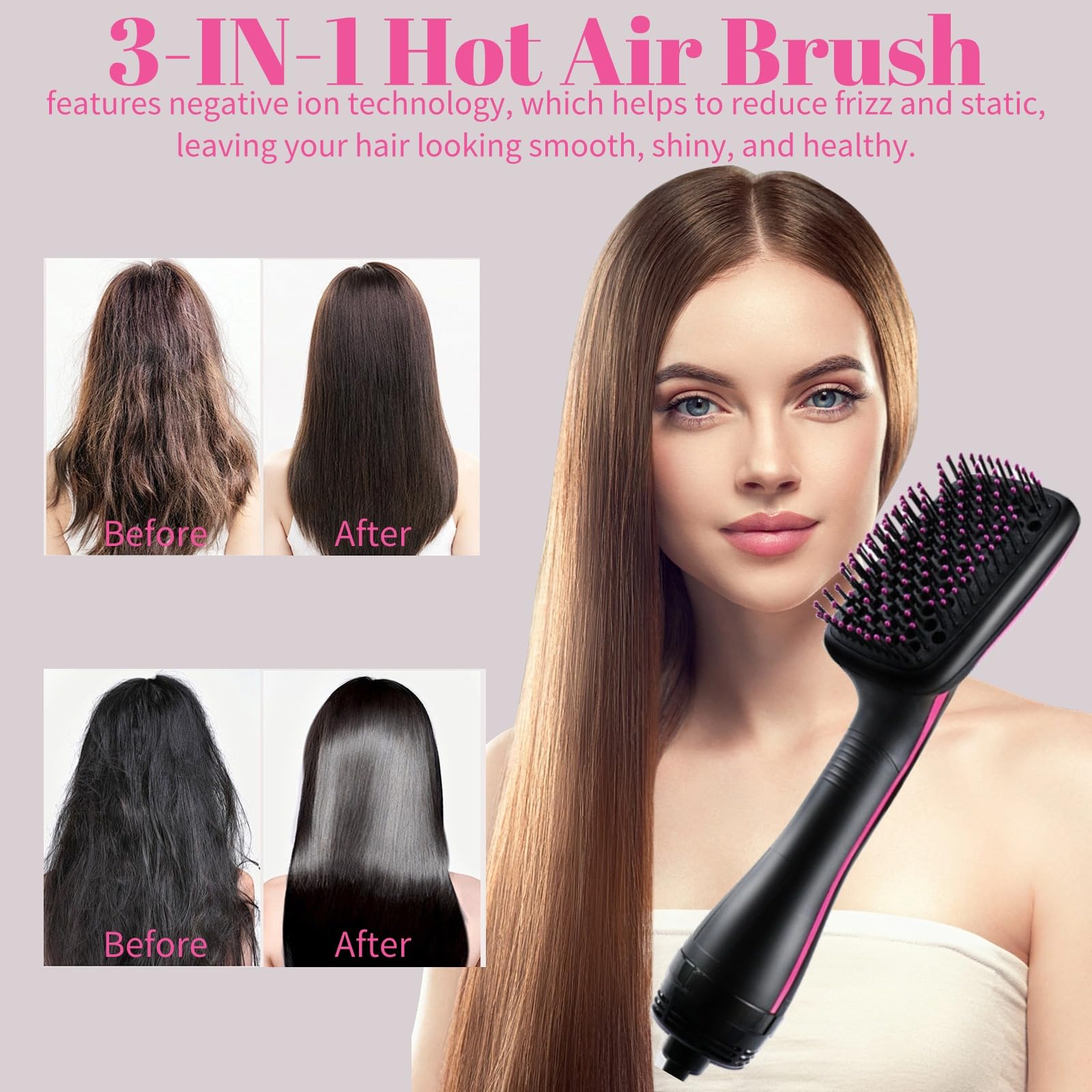 1 Step Ionic Hair Straightener and Dryer Brush - Negative Ion Hot Air Styling Tool for Smooth Hair - All Hair Types
