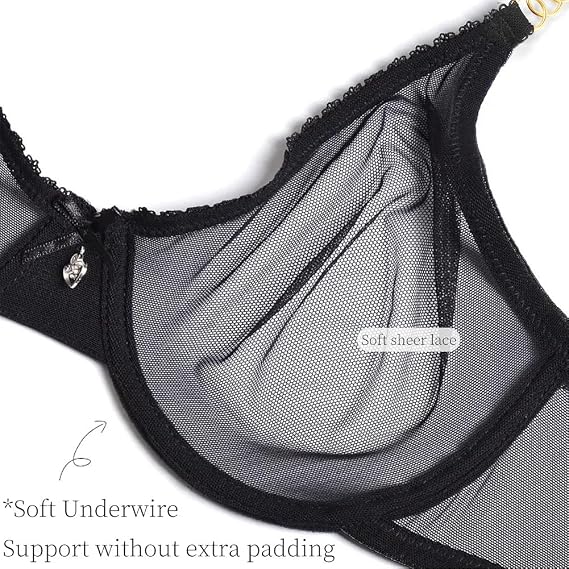 Women's See Through Lace Sheer Bra Sexy Plunge Non Padded Underwire Ultra Thin Clear Bras with Support and Lift