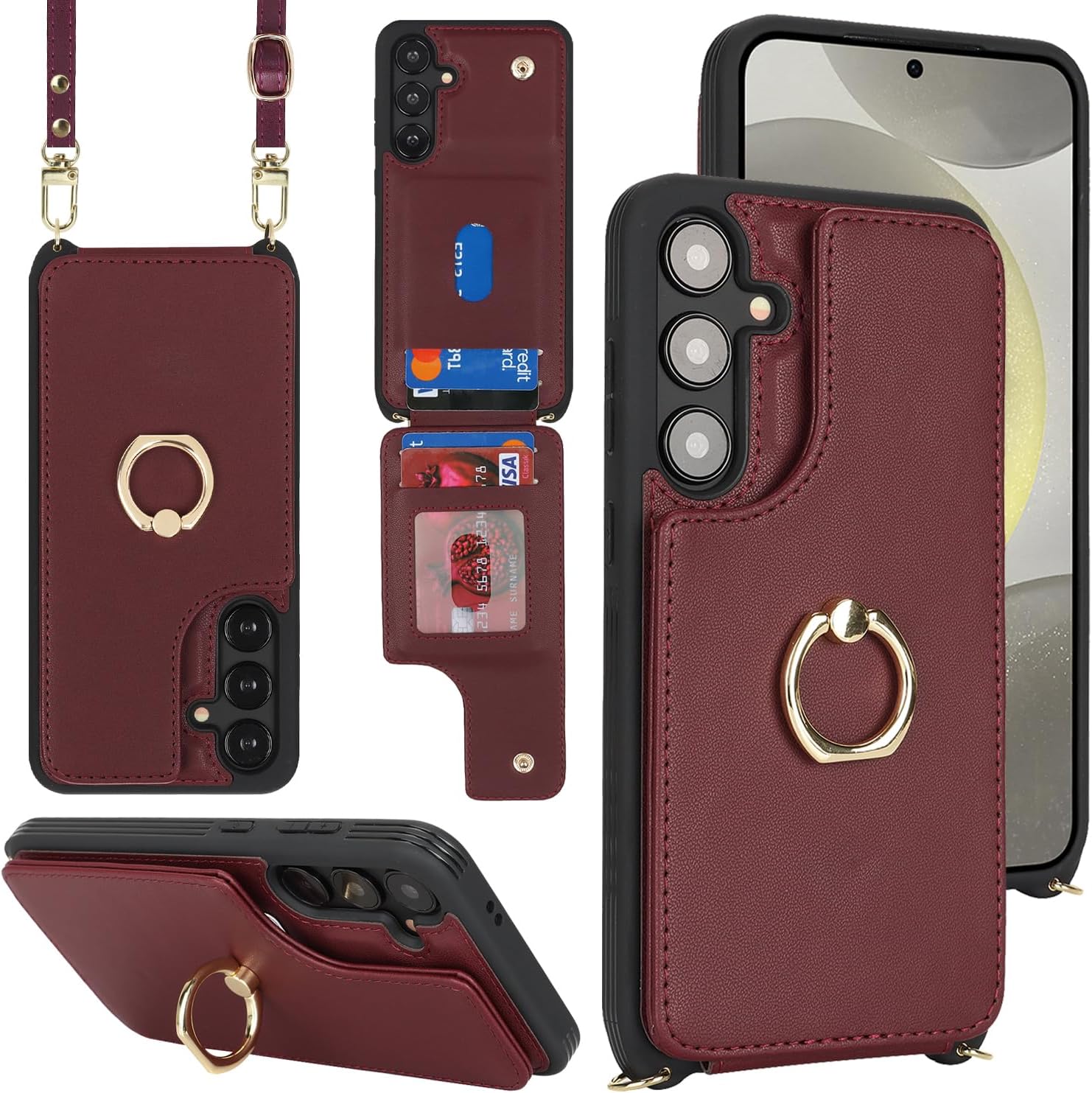 Lipvina for Samsung Galaxy S24 Plus Case with Card Holder and Strap for Women,Crossbody Lanyard,RFID Blocking,Stand Ring Kickstand,Snap Clasp,Phone Wallet Cases 6.7 inch(Wine Red)