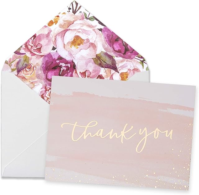 Thank You Cards -24 Bulk Blank Gold Foil&Watercolor Bulk Box Set with Elegant Floral Envelopes &Stickers for Wedding, Baby Shower, Bridal Shower, Business, Anniversary, Funeral -15cm x 10cm