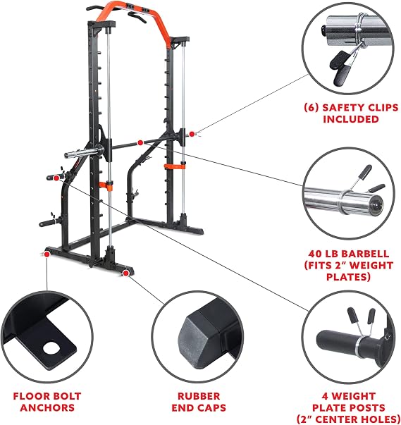 Sunny Health & Fitness Premium Smith Machine & Squat Cage Rack, Pull-Up Bar, Spotter Blocks for Weightlifting & Bench Press for Home Gym Strength Training