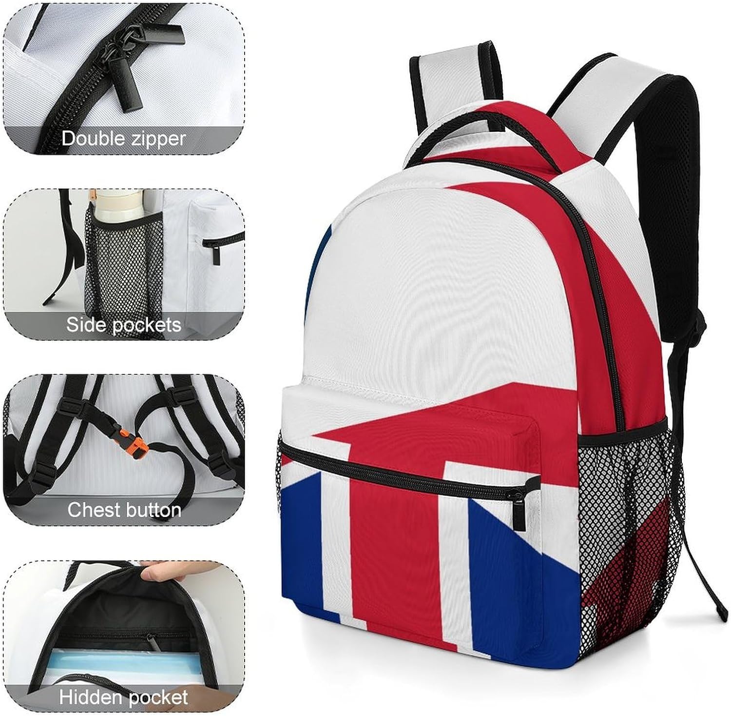 France & UK Flag Novelty Backpack Lightweight Printed Daypacks image 5