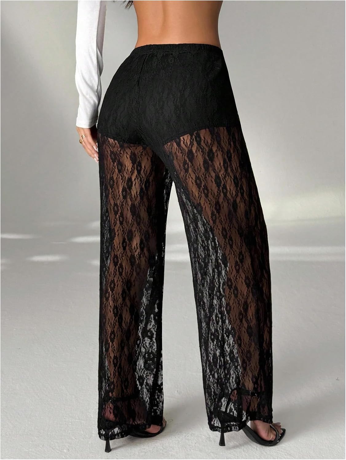 MakeMeChic Women's Y2K Lace Pants Wide Leg Sheer Mesh Low Rise Trousers Pants